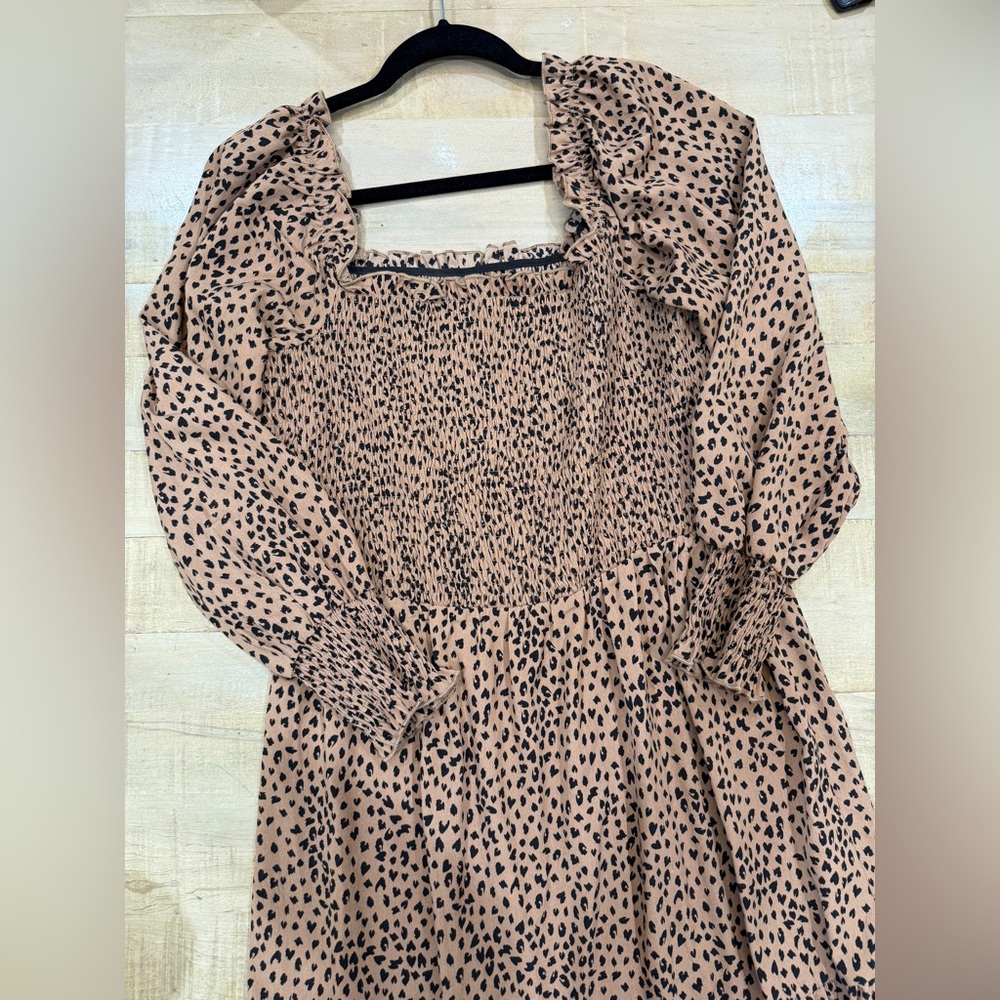 Ava James long sleeve ruffle smocked waist square neck heart cheetah dress
